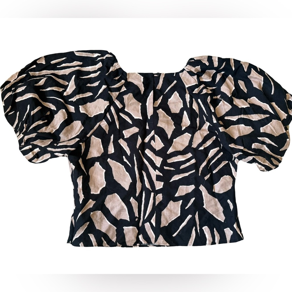 (NWT) DKNY - Women’s Abstract Print Puff Sleeve Linen Blend Blouse - Picture 2 of 16